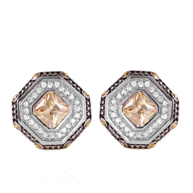 Ladies earrings spring fashion designs-Silver 925 Rhodium Plated Champagne Cluster Earrings - STE00406CHP