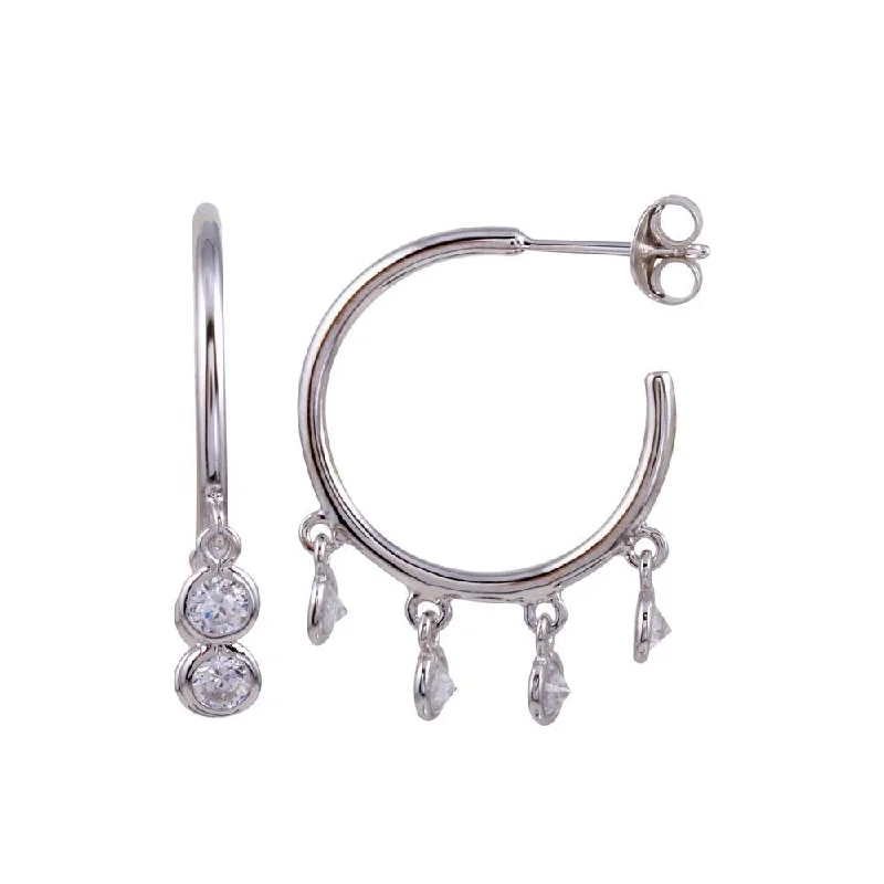 Ladies earrings high investment value-Rhodium Plated 925 Sterling Silver Semi Hoop CZ Circular Earrings - BGE00635