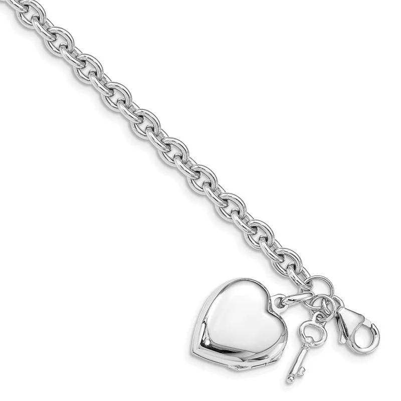 ladies bracelet affordable pink tourmaline-Sterling Silver Rhodium-plated Puffed Heart Locket & Key Bracelet