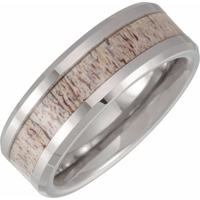 Ladies rings fabric wrap designs-Tungsten 8 mm Beveled Band with Velvet Antler Wood Inlay