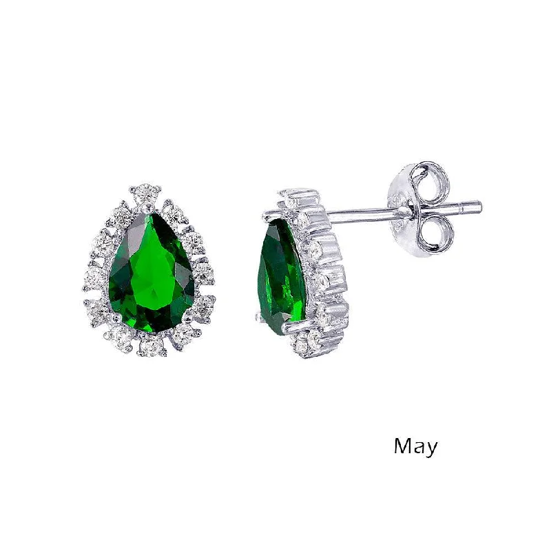 Ladies earrings gothic aesthetic appeal-Rhodium Plated 925 Sterling Silver Teardrop Halo CZ Birthstone Earrings May - STE01027-MAY