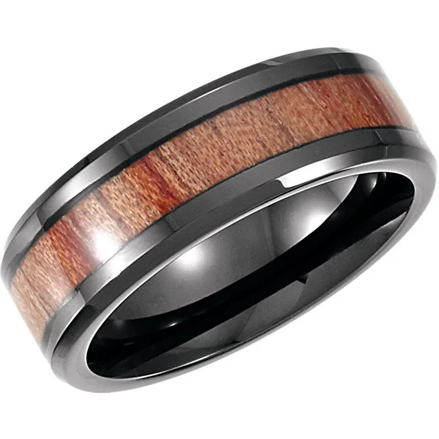 Ladies rings flat band rings-Black Cobalt 8mm Design Band with Rosewood Inlay