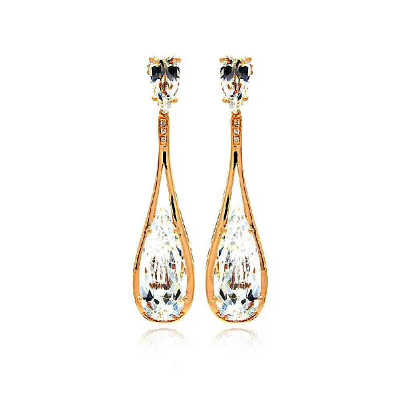 Ladies earrings earthy tone designs-Silver 925 Rose Gold Rhodium Plated Teardrop CZ Dangling Stud Earrings - BGE00281