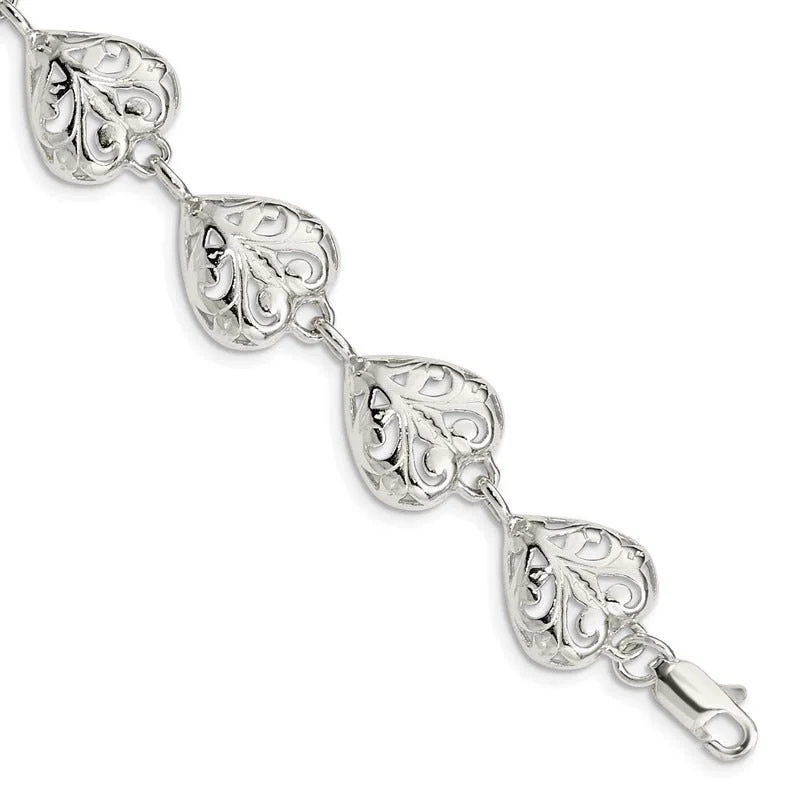 ladies bracelet intricate mother’s-Sterling Silver Fancy Filigree Heart 7 inch Bracelet