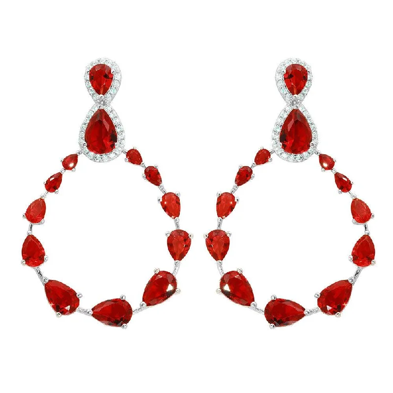 Ladies earrings satin finish styles-Rhodium Plated 925 Sterling Silver Red and Clear Teardrop with Open Hanging Graduated CZ Earrings - GME00104-RED