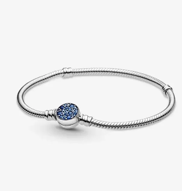 ladies bracelet romantic blue sapphire-Pandora Moments Sparkling Blue Disc Clasp Snake Chain Bracelet