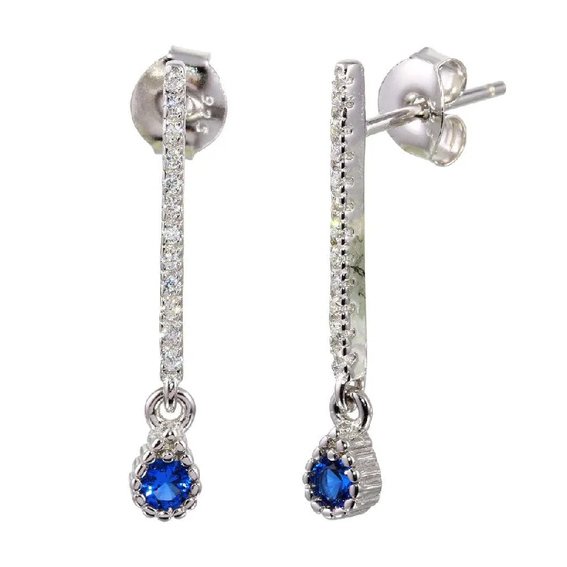 Ladies earrings perfect gift choices-Rhodium Plated 925 Sterling Silver Blue CZ Bar Drop Earrings - BGE00557BLU