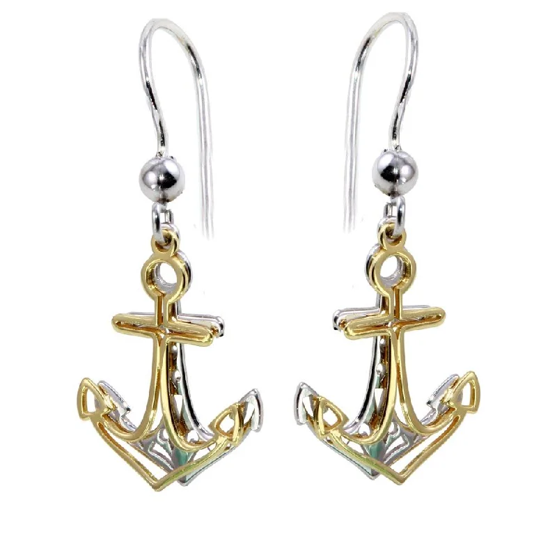 Ladies earrings abstract form earrings-Two-Tone 925 Sterling Silver Flat Anchor Earrings - SOE00002