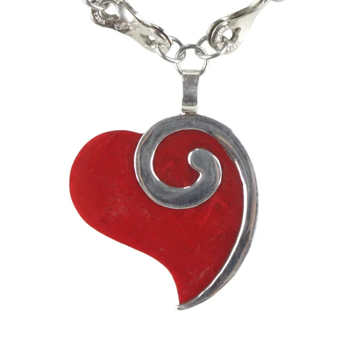 ladies necklace holiday valentine’s-Coral Heart & Silver Swirl Necklace