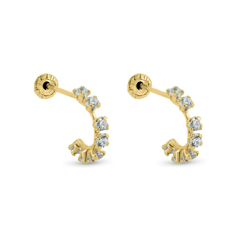 Ladies earrings rose gold finishes-14E00399. - 14 Karat Yellow Gold Semi Hoop Clear CZ Screw Back Earrings