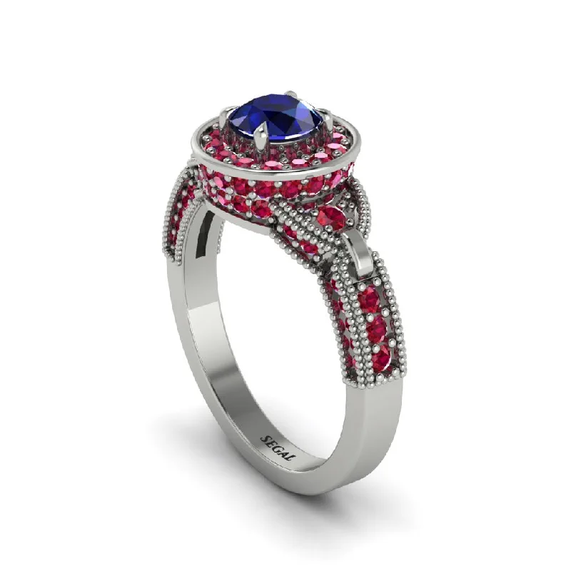 Ladies engagement rings white gold solitaires-Sapphire Double Halo Handmade Engagement Ring - Gracelyn No. 60