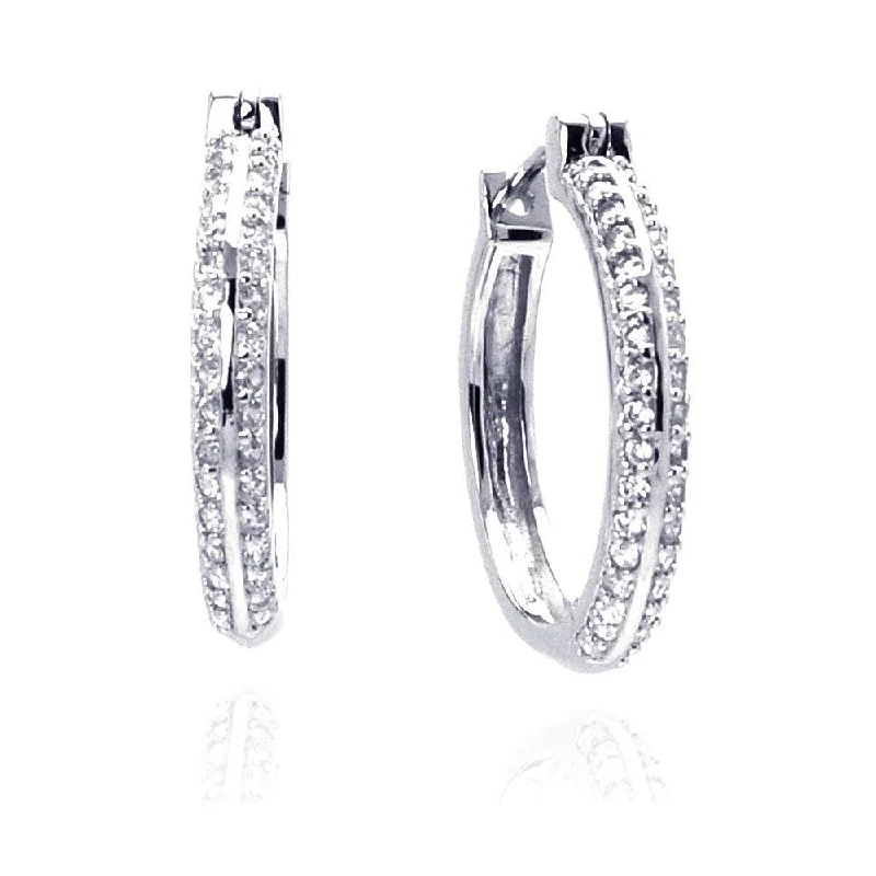 Ladies earrings seasonal collection styles-Silver 925 Rhodium Plated Micro Pave Clear CZ Hoop Earrings - ACE00013