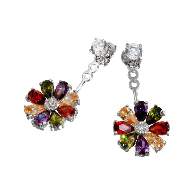 Ladies earrings ruby gem accents-Rhodium Plated 925 Sterling Silver Multi Color Sunflower Hanging Front and Back Earrings - BGE00553