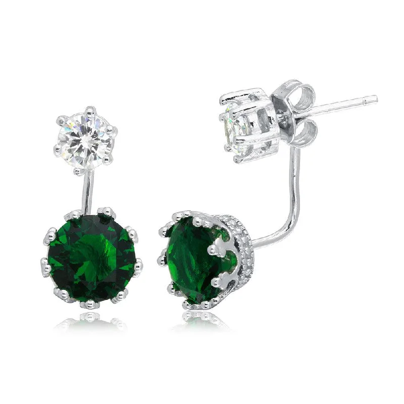 Ladies earrings rounded edge designs-Rhodium Plated 925 Sterling Silver Clear Green Front and Back Earrings - BGE00488GRN