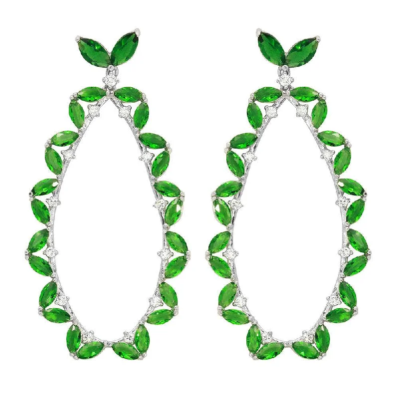 Ladies earrings one-off design earrings-Rhodium Plated 925 Sterling Silver Green CZ Hanging Oval Earrings - GME00103RH-GREEN