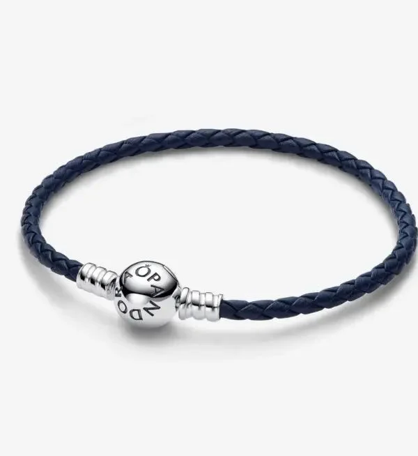 ladies bracelet filigree aquamarine-Pandora Moments Round Clasp Blue Braided Leather Bracelet