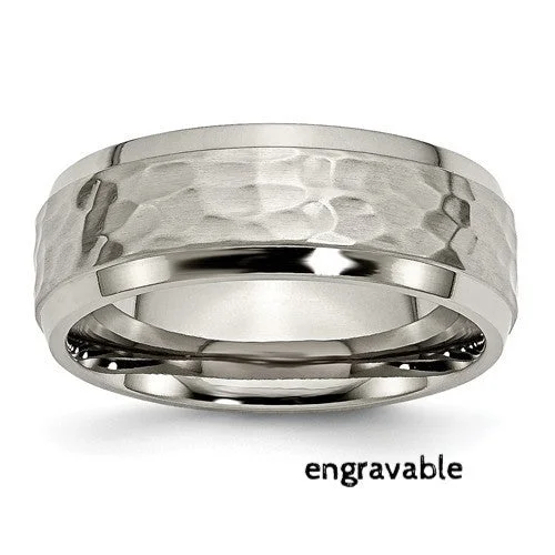 Ladies rings muted tone rings-Titanium 8mm Beveled Edge, Hammered And Polished Band