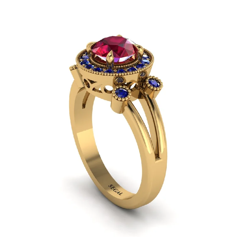 Ladies engagement rings two-tone designs-Radiant Ruby Halo Gold Engagement Ring - Madilyn No. 70