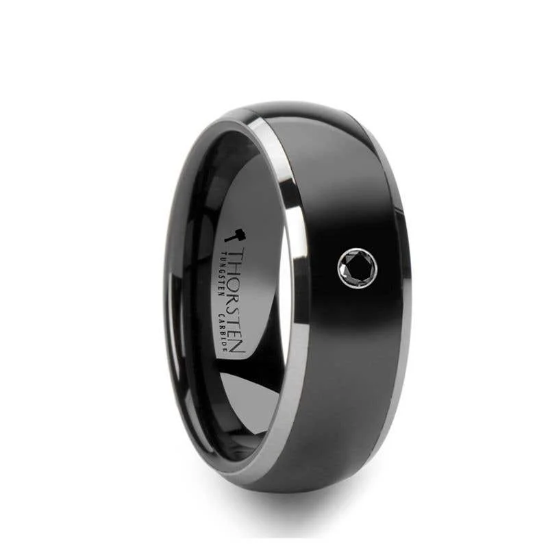 Ladies rings minimalist daily wear-Thorsten GOTHAM Domed Black Ceramic Comfort Fit Wedding Band Polished Tungsten Edges Black Diamond Setting - 8mm