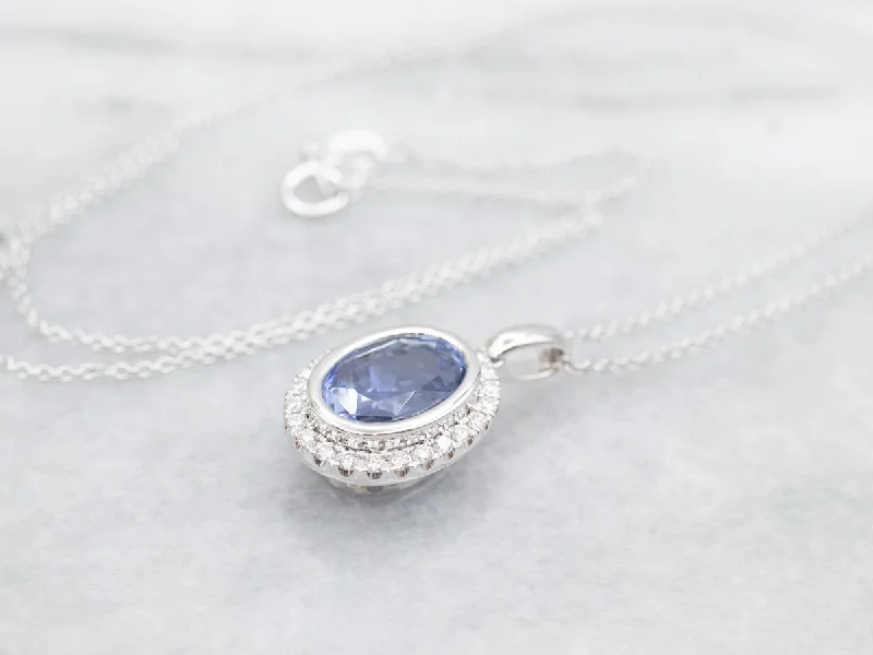 ladies necklace glossy sapphire-Bezel Set Sapphire Halo Pendant Necklace