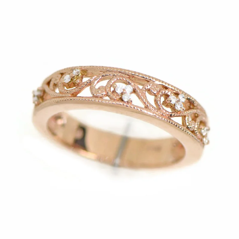 Ladies rings affordable price range-14k Rose Gold Floral Filigree 0.15 Ct Diamond 5mm Wedding Anniversary Band