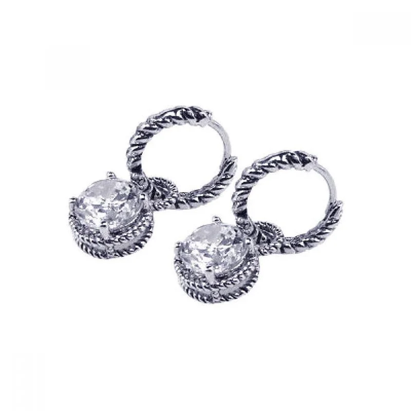 Ladies earrings rigid frame designs-Silver 925 Rhodium Plated Round CZ Dangling Hoop Earrings - STE00434