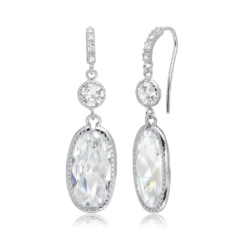 Ladies earrings bold silhouette earrings-Rhodium Plated 925 Sterling Silver Hanging Oval CZ Earrings - BGE00412