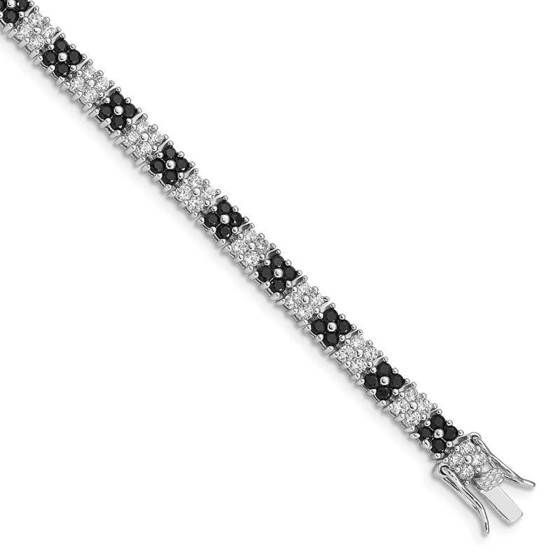 ladies bracelet animal bar-Sterling Silver Rhodium-plated 7in Black/White CZ Tennis Bracelet