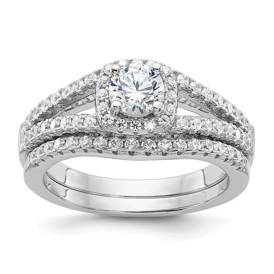 Ladies rings soft touch styles-Sterling Silver CZ Brilliant Embers 2-Piece Halo Wedding Set