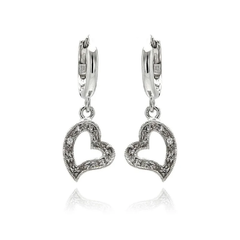 Ladies earrings topaz vibrant designs-Silver 925 Rhodium Plated Open Heart Clear CZ Dangling huggie hoop Earrings - BGE00064