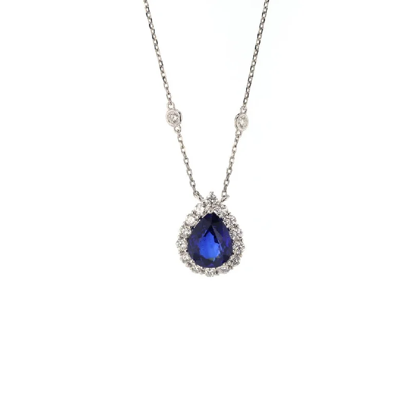 ladies necklace symmetrical flower-Blue Sapphire & Diamond Pendant Necklace