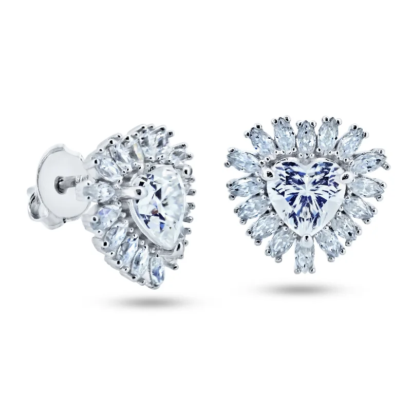 Ladies earrings size selection guide-Sterling Rhodium Plated 925 Sterling Silver Moissanite Stone Heart Earring - MGME00003