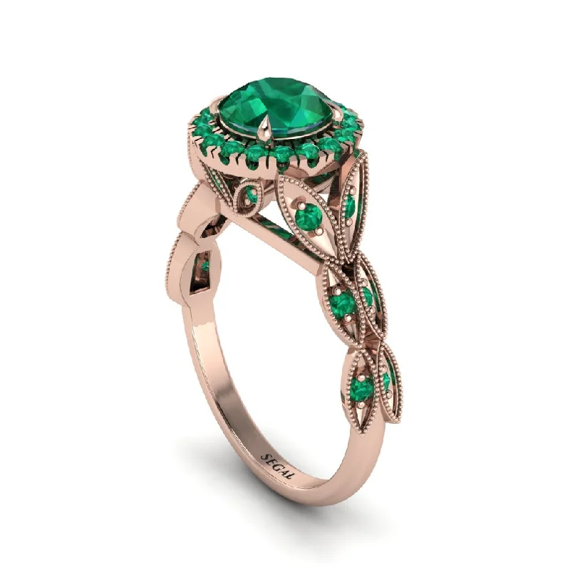 Ladies engagement rings romantic picks-Emerald Halo Nature Inspired Leaf Engagement Ring - Alessandra No. 20