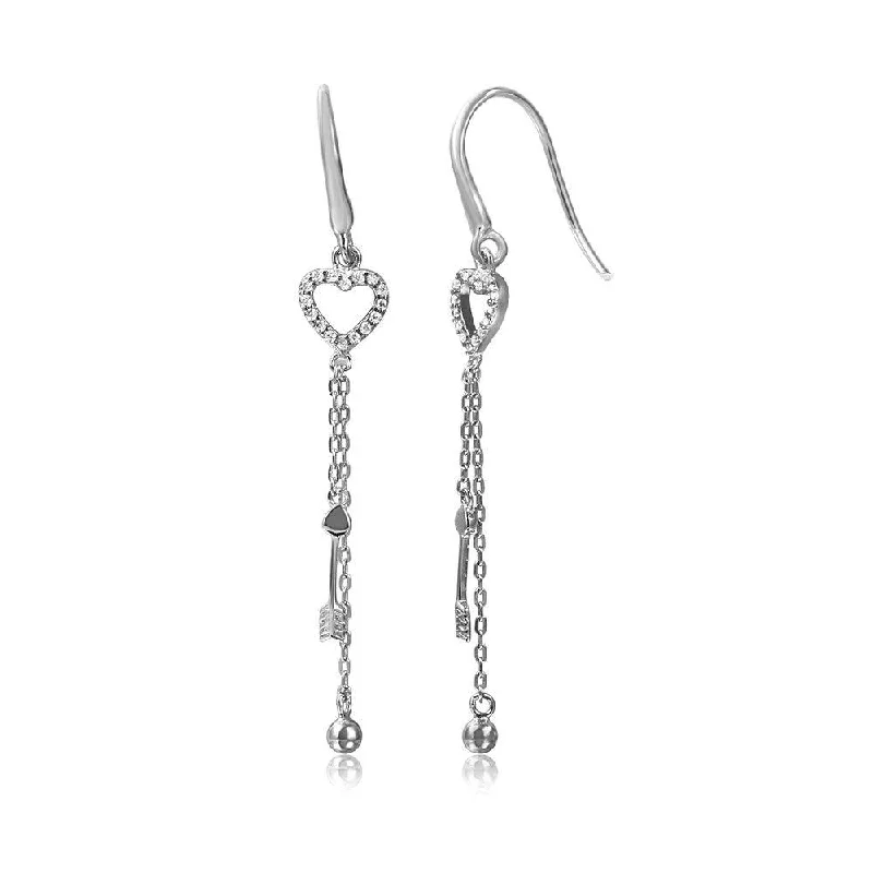 Ladies earrings thoughtful birthday surprises-Silver 925 Rhodium Plated Fish Hanging Heart with Strands Dangling Earrings - STE01061