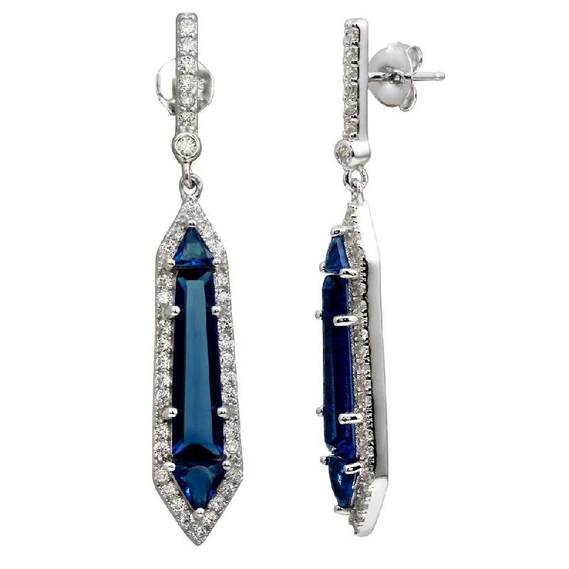 Ladies earrings cultural heritage designs-Rhodium Plated 925 Sterling Silver Dangling Blue and Clear CZ Earrings - BGE00578BLU