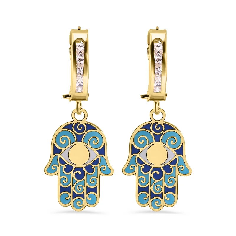 Ladies earrings artisan metalwork designs-14E00459. - 14 Karat Yellow Gold 11.7mm Hoop Studded Clear CZ Enamel Hamsa Latch Box Earrings