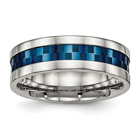 Ladies rings pointed tip styles-Stainless Steel Polished Blue IP Design 7mm Band