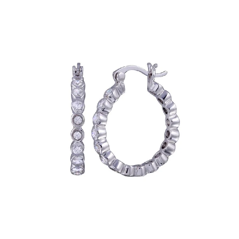 Ladies earrings polished shine designs-Silver 925 Rhodium Plated Round CZ huggie hoop Earrings - STE00287