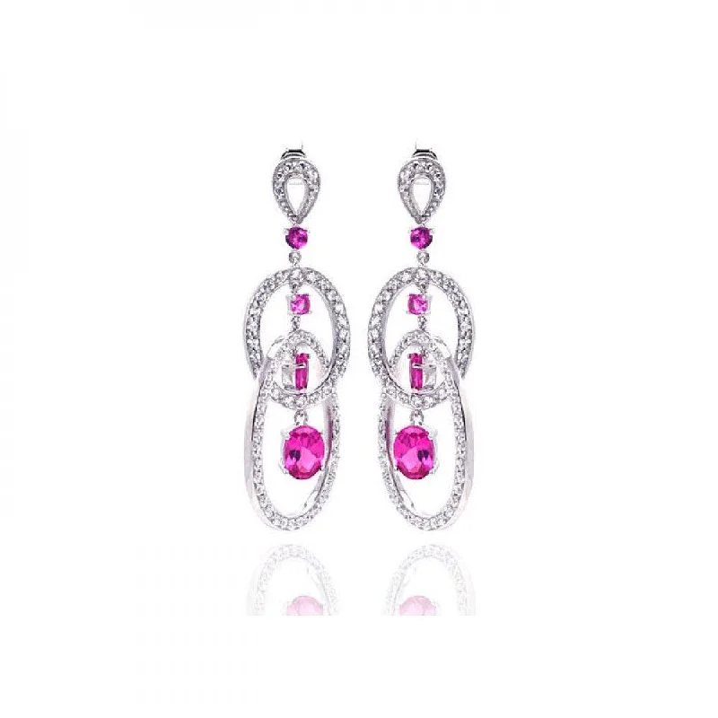 Ladies earrings commitment charm styles-Clearance-Silver 925 Rhodium Plated Pink Multiple Circle Oval Baguette Round CZ Chandelier Dangling Stud Earrings - STE00937