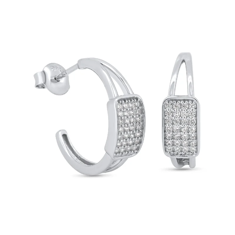 Ladies earrings luxury brand picks-Rhodium Plated 925 Sterling Silver Square Center Encrusted CZ Semi Hoop Earrings - GME00126