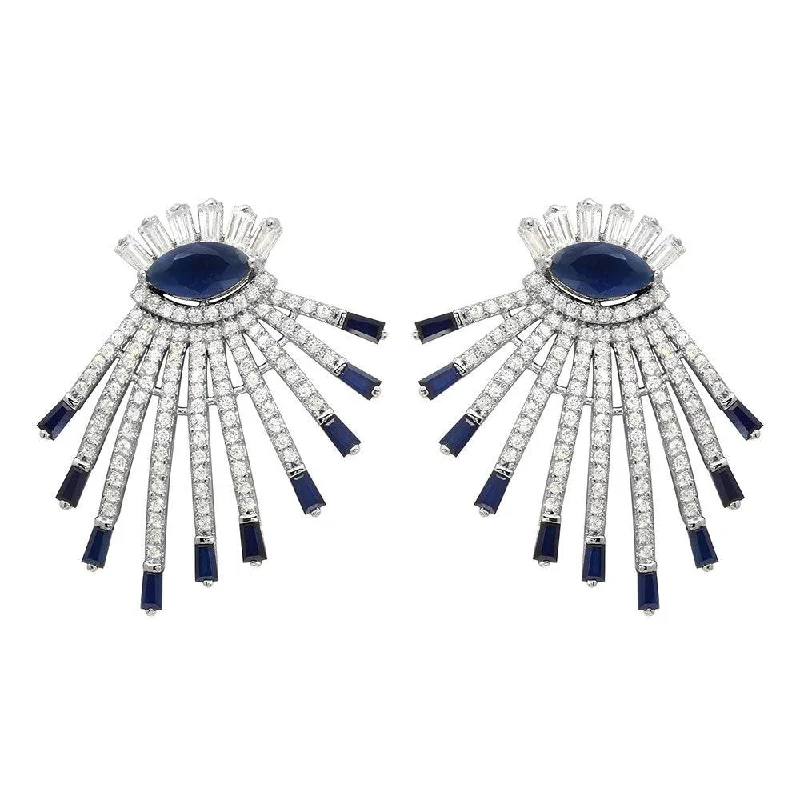 Ladies earrings bold color earrings-Rhodium Plated 925 Sterling Silver Clear and Blue CZ Drop Earrings - GME00105RH-BLU