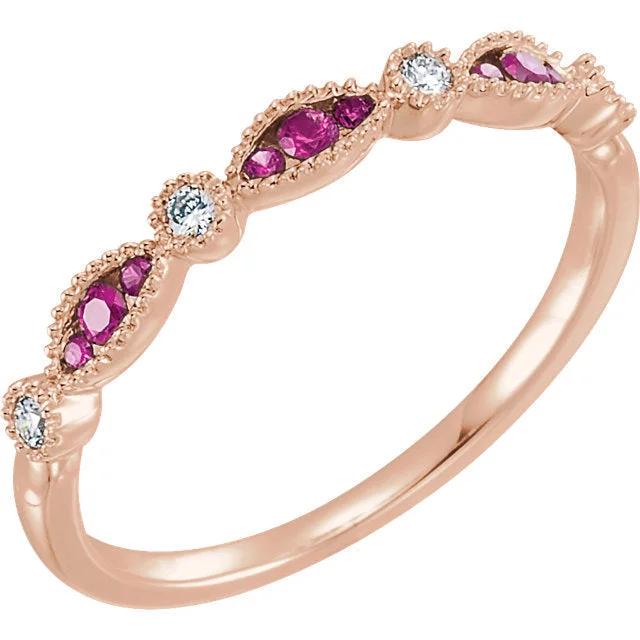 Ladies rings romantic floral styles-14K Rose Gold .07 CTW Diamond & Ruby Anniversary Band