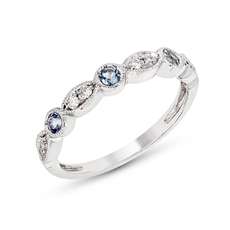 Ladies rings summer vibe designs-14k White or Yellow Gold Blue Topaz & Diamond Anniversary Band