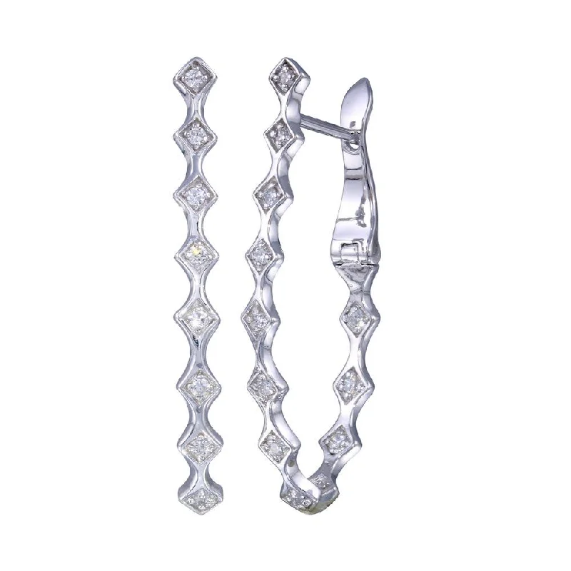 Ladies earrings bold silver designs-Silver 925 Rhodium Plated Clear CZ Hinged Scalloped Earrings - BGE00451