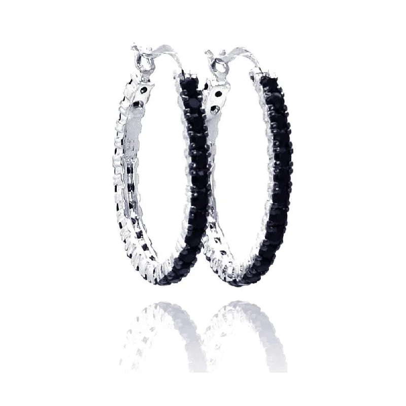 Ladies earrings single drop earrings-Silver 925 Black and Silver Rhodium Plated CZ Hoop Earrings - BGE00075