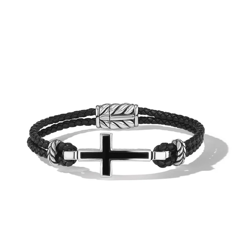 ladies bracelet unique cluster-DY Gents Exotic Stone Cross Bracelet in Black Leather with Sterling Silver and Black Onyx, 3mm