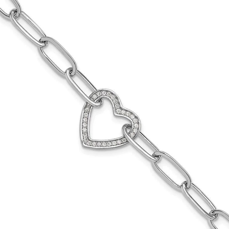 ladies bracelet valentine’s celestial-Sterling Silver Rhodium-plated Paperclip CZ Heart with 1in ext. Bracelet