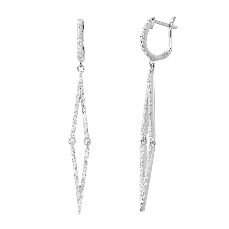 Ladies earrings handcrafted luxury styles-Silver 925 Rhodium Plated Dangling Long Thin Square CZ  huggie hoop Earrings - ACE00101RH