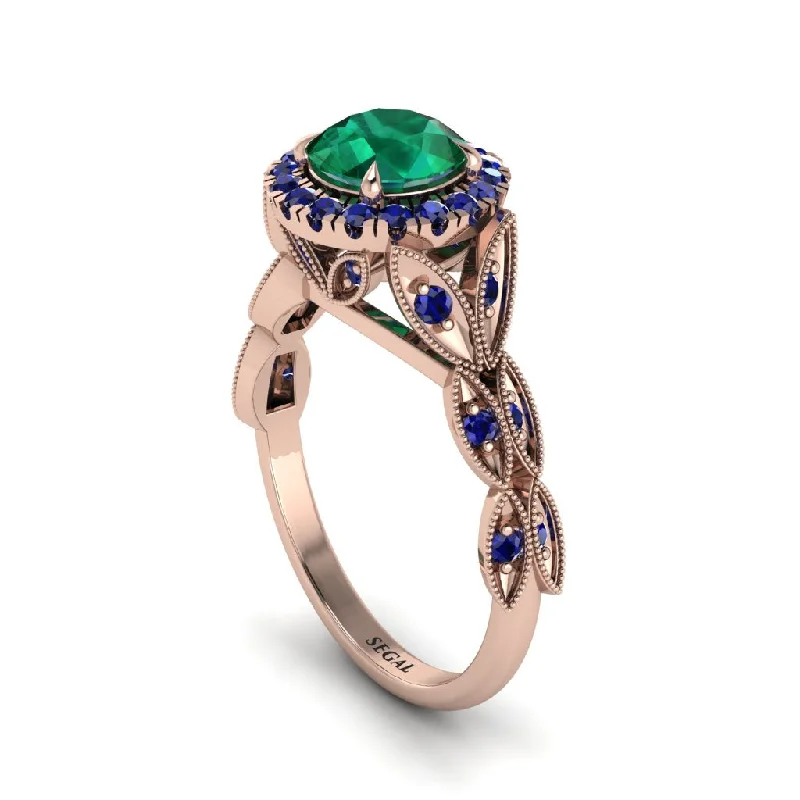 Ladies engagement rings luxurious bands-Emerald Halo Nature Inspired Leaf Engagement Ring - Alessandra No. 65