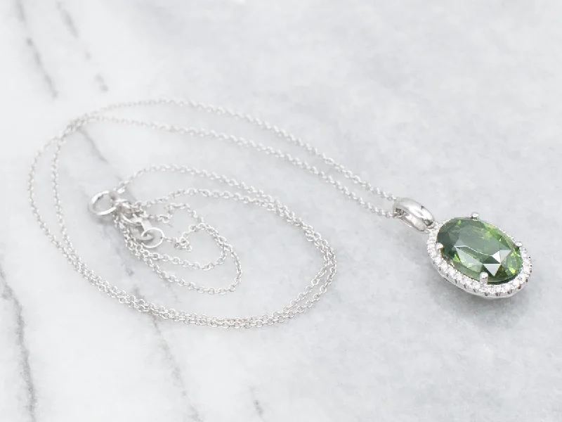 ladies necklace filigree rose quartz-Green Zircon and Diamond Halo Pendant Necklace